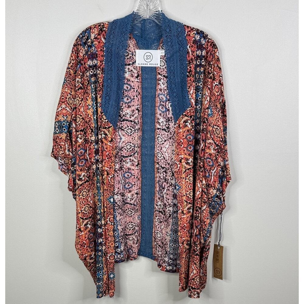 Sloane Rouge Women’s XS/S Boho Floral Kimono Open Front Crochet Trim NWT Gold